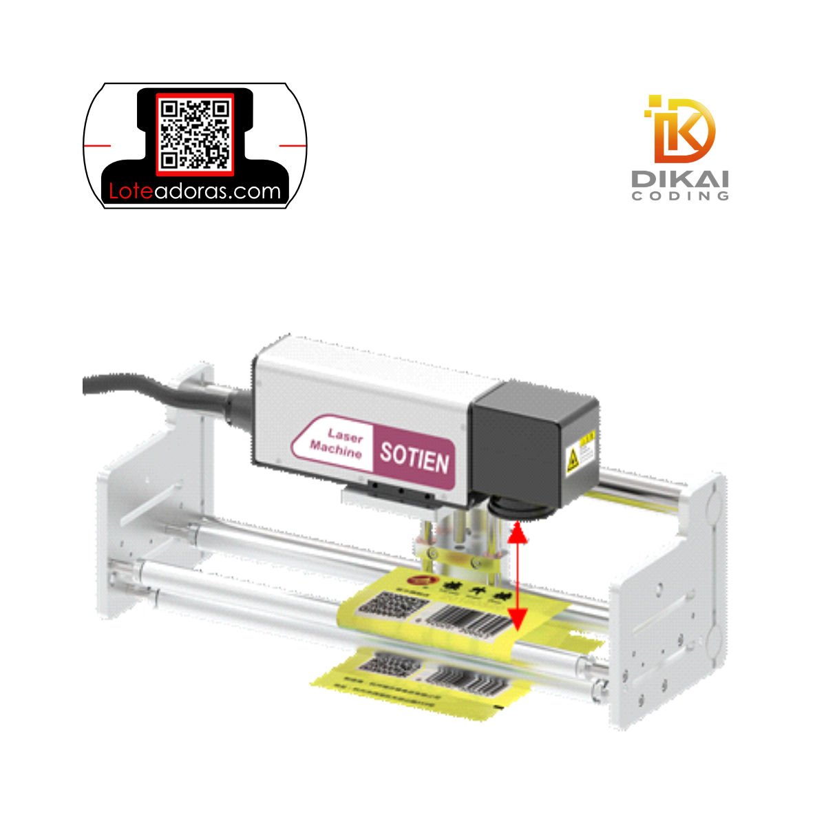 Loteador Láser marcaje permanente con soporte para montaje en film de embolsadora vertical u horizontal o flow-pack codificador láser CO2 marca Dikai Loteadoras.com