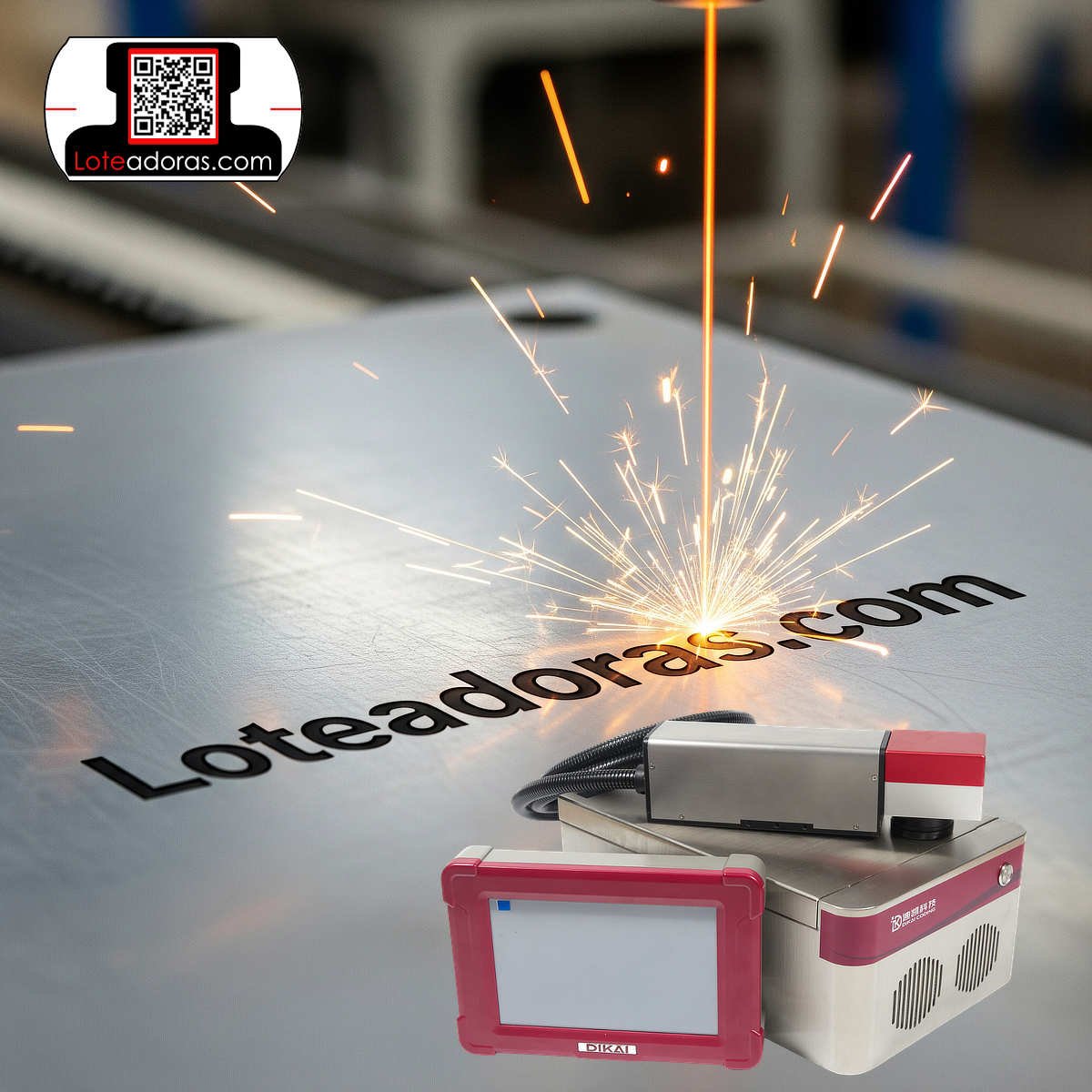 Placa de acero marcada con Codificador de marcaje laser de fibra óptica FAYb marca Dikai distribuido en México por Loteadoras.com